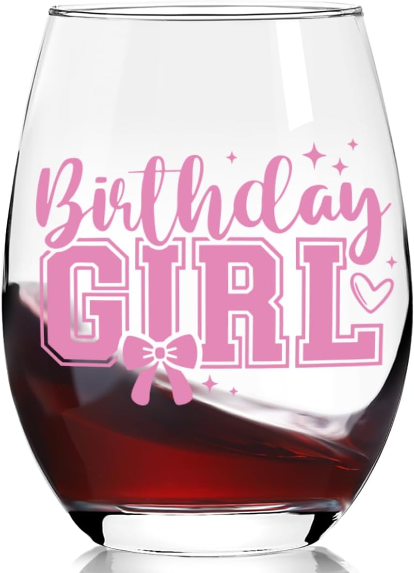 Birthday Girl,Pink Bow Birthday Wine Glass Gifts for Women,Her,Sister,Friends, Happy Birthdays Stemless Wine Glasses,Best Birthdays Party Present -72