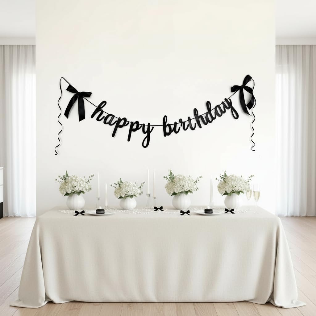 Black Happy Birthday Banner with 2 Bows, Coquette Birthday Decorations for Black Bow Themed Party, Elegant Garland
