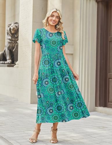 Image of Zeagoo Summer Dresses for Women 2026 Maxi Bohemian Floral Short Sleeve Long Dress Casual Flowy Tired Beach Sundress