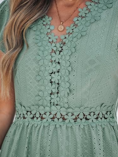 CUPSHE Summer Dress for Women Casual Spring V Neck Lace Appliques Cap Sleeves Hollow Out Beach Mini Dress4