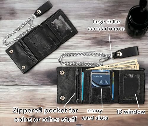 RFID Blocking Men's Tri-fold Vintage Biker Cowhide Leather Steel Chain Wallet,Snap closure, Made In USA,GL315,black4