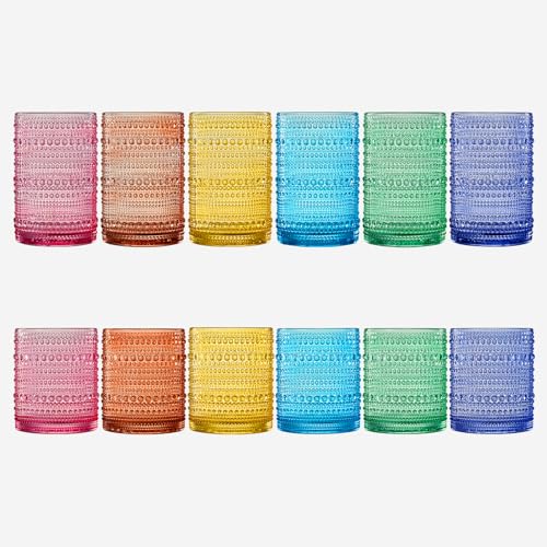 Image of Khen Hobnail Beaded Highball Drinking Tumbler Glasses | Set of 12 | Color, Vintage Bubble Design Whiskey Glassware, Old-Fashioned, Embossed Design for Water, Wine, Cocktail Embossed, Rocks Glass
