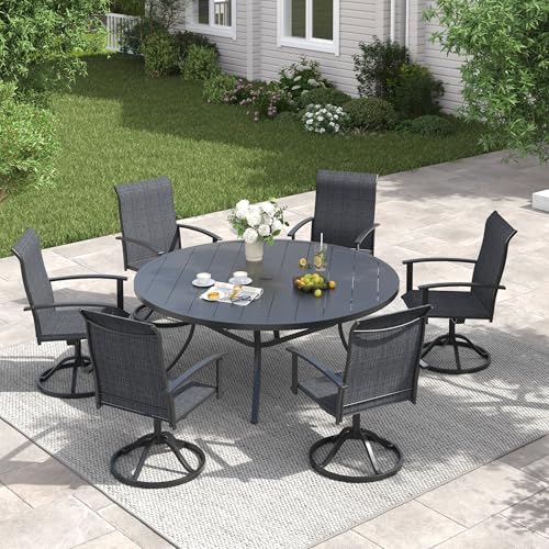 Image of VICLLAX 63 inch Outdoor Round Patio Table with Umbrella Hole, All Weather Metal Round Outdoor Dining Table for Lawn Garden, 8-10 Person Table, Black