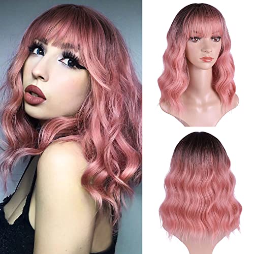 BOGSEA Pink Wig with Bangs Short Wavy Wigs for Women Synthetic Wavy Wig Heat Resistant Hair Short Bob Wigs for Everyday Party (pink)