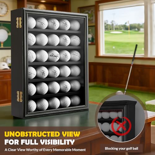 Image of JupDec Golf Ball Display Case Frame for 30 Balls, Dustproof Solid Wood Holder Box with Unobstructed Clear View, Velvet Lined Cabinet with Removable Shelves, Ideal Gift for Golf Fans