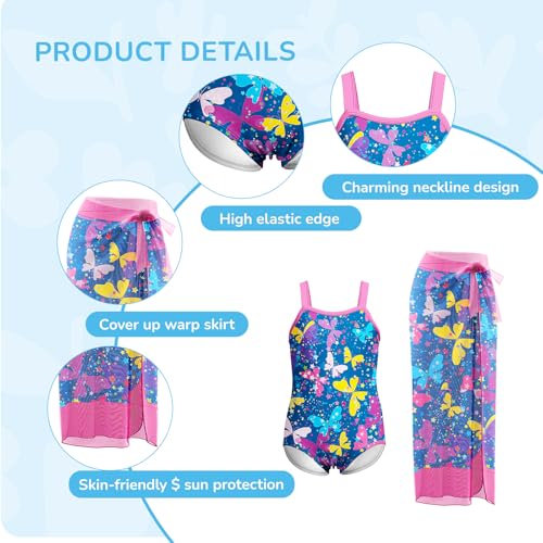 LQSZ Girls One Piece Swimsuit with Cover Up Beach Skirt Set Two Piece Bathing Suit Swimwear 3-12 Years4