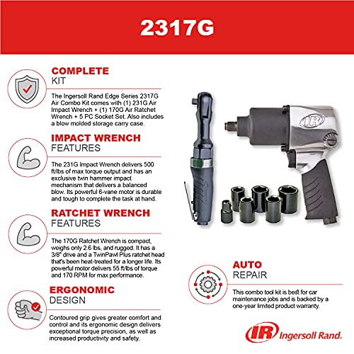 Ingersoll Rand 2317G Edge Series Kit with 231G Air Impact Wrench, 170G Air Ratchet Wrench, 5 Piece Socket Set and Storage Carry Case, Ergonomic Grips, Black