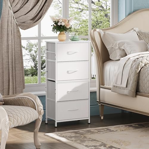 Image of WLIVE Dresser with 4 Drawers, Storage Tower, Organizer Unit, Fabric Dresser for Bedroom, Hallway, Entryway, Closets, Sturdy Steel Frame, Wood Top, Easy Pull Handle, White