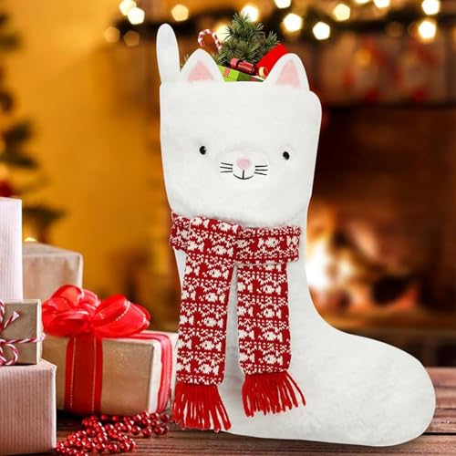 Large Xmas Stockings, Cat Christmas Stockings, Pet Hanging Stockings, Soft Plush Embroidery Stockings with 3D Scarf, White Christmas Stockings for Girl Pets Kitty, Cute Home Holiday Decoration Gifts