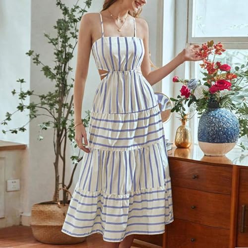 Image of Owl's-Yard Women's Striped Long Dress Summer Sleeveless Spaghetti Strap Front Pocket Dress Flowy Beach Sundress Clubwear