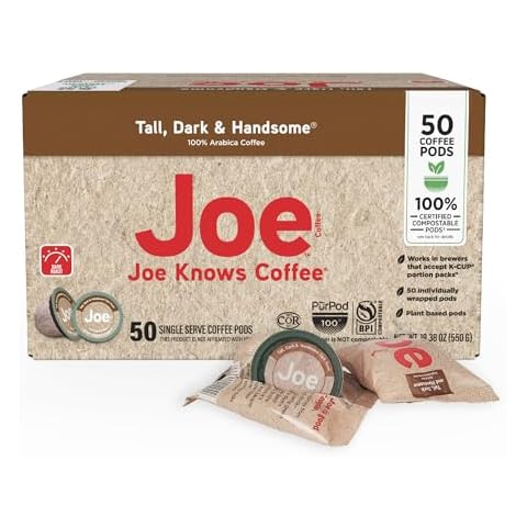 Joe Knows Coffee Single Serve Coffee, Tall Dark and Handsome, 50 Count BPI certified compostable pods Cover