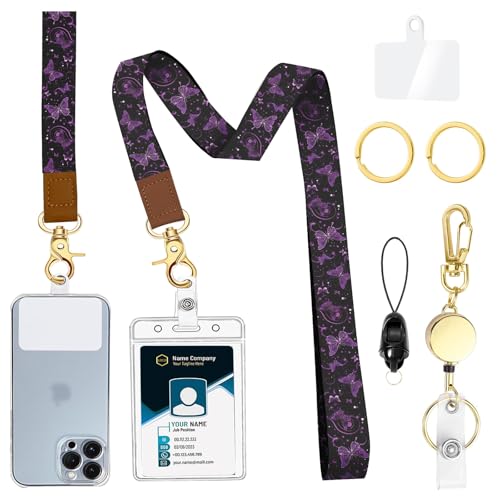 bolimoss Purple Butterfly Lanyard for ID Badge Cute Wrist and Neck Lanyards for Women Teacher Car Key Lanyards with Metal Carabiner Retractable Reel