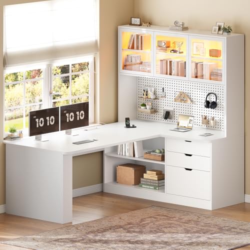 Image of SEDETA L Shaped Corner Gaming Desk with 3 Wood Drawer and Large Bookshelf