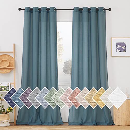 NICETOWN Sheer Linen Curtains 96 inch Long 2 Panels Set, (Smoke Blue) Grommet Semi Sheer Flax Window Curtains & Drapes Privacy with Light Through for Bedroom/Living Room, W52 x L96