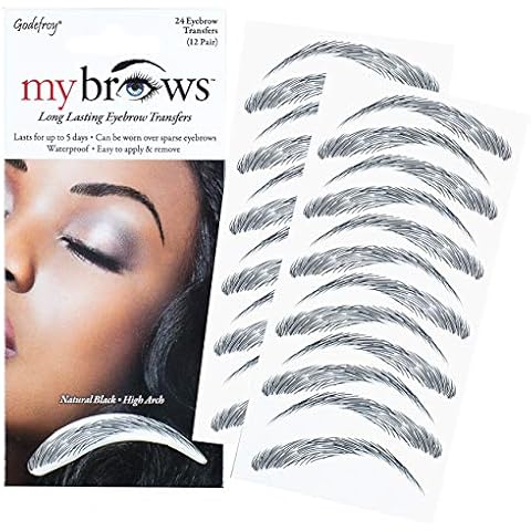 Godefroy MyBrows Long Lasting Eyebrow Transfers, High Arch, Natural Black, 12-Pairs of Brows Cover