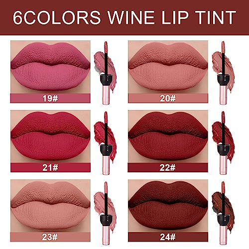 6Pcs Wine Bottle Lip Tint Stain Mauve Light Rosey Nude Ruby Red Dark Red Light Pink Beige Red Brown Matte Liquid Lipstick Lip Gloss Sets For Women Labiales Mate 24 Horas Originales En Forma De Vino #TOP1
