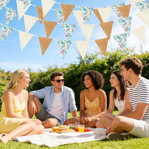 Image of Zwiebeco 39Ft Beige Floral Fabric Pennant Banner Vintage Burlap Triangle Flag Retro Flower Bunting Party Decoration for Birthday Engagement Wedding Bridal Baby Shower Rustic Village Home Garden Decor
