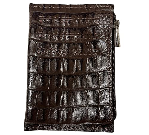 Real Leather Zipper Credit Card Holder - Handmade 100% Genuine Cow Leather Business Card Case Coin Purse Pocket Embossed Reptile Pattern - Caiman Brown