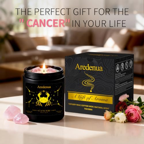 Image of Cancer Zodiac Candles with Pink Opal Crystals, Cashmere Lavender | Astrology Cancer Birthday Gifts for Women Men, Black Gift Box, 7 oz Soy Candle, 50 Hour Burn Time, Black Jar
