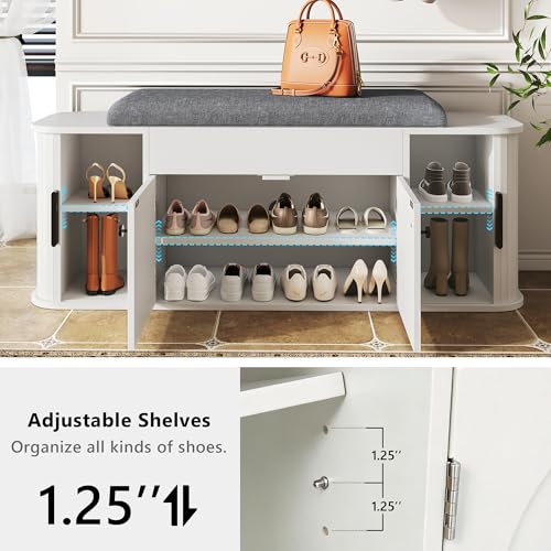 Image of Einhomn 47.2'' Sliding Door Entryway Shoe Storage Bench with Seat Cushion, Shoe Rack with Lift-Top Hidden Storage & Adjustable Shelf, Bench for Bedroom End of Bed, White