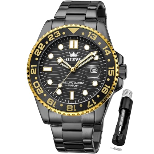 Image of OLEVS Mens Black Watches Classic Stainless Steel Analog Male Watch Waterproof Luminous Date Luxury Business Wrist Watch for Male Set