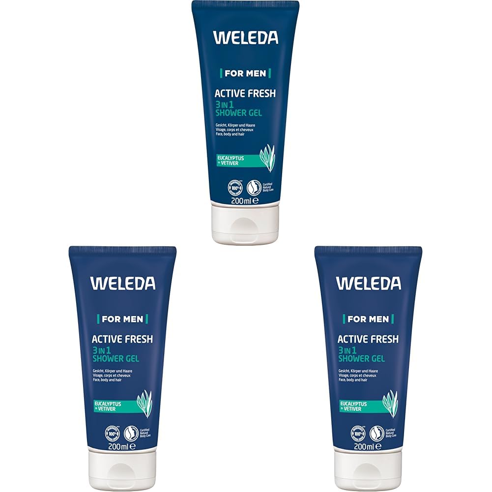 WELEDA Bio For Men 3in1 Duschgel & Shampoo ACTIVE FRESH vegan - Naturkosmetik Männer Duschseife & Haarpflege mit Eukalyptus & Vetiver Duft. Natürliche Dusche zur Reinigung von Haut & Haar (1x 200ml)