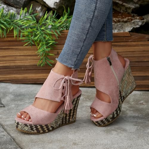 Women's summer casual wedge heel sandals, fish-mouth tassel side zipper solid color large-sized beach outdoor2