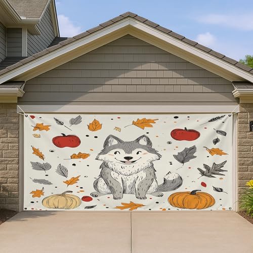 Cute Wolf - Cubierta para puerta de garaje, decoración de otoño de calabaza y frutas, decoración del hogar para interiores y exteriores, fondo de cosecha de temporada, 157 x 71 pulgadas