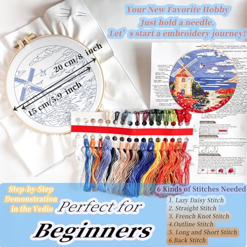 Image of FONNUY Embroidery Kit for Beginners, Boho Nature Landscape Pre-Stamped Pattern Kits for Adults with Hoop, Easy to Follow Color Thread Needlework, 8'' Hoop (Beach House)