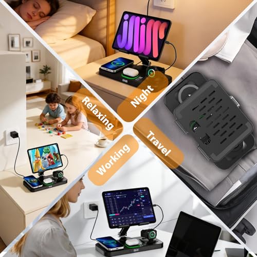 Image of 30W Charging Station for Apple Products, Foldable Wireless Charger with Clock Display&7 Color Light, Wired Charging for iPad /Tablet Charging Station for iPhone17, for Apple Watch11 for AirPods4(Black