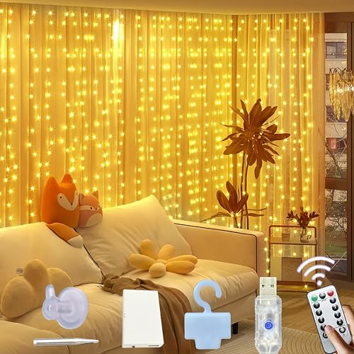 Tenda Luci LED, 3Mx3M 300 LED Tenda Luminosa con 8 Modalità Stringa Luce Catena, 2 IN 1 Tenda Luci LED con USB e Alimentato a Batteria,per Natale,Matrimoni,Finestre,Giardino,Bianco caldo