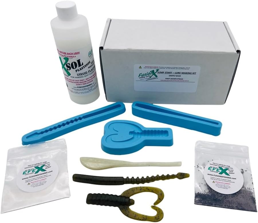 FusionX Fishing Jump Start Simply Bass Soft Plastic Bait Making Kit - 3 Molds, 8 Ounces Resin, 2 Colors EfeX Pigment Blend - DragonX Worm, Slim Twitchy Stick Jerk, Swimmy Craw Crawdad Creature