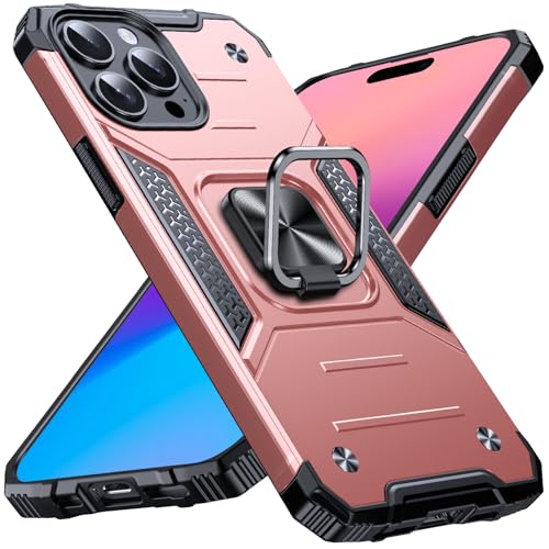 Image of Anqrp Heavy Duty Case for iPhone 15 Pro Case with Enhanced Ring Holder Grip Stand, Military Grade Shockproof Rugged Drop Protective Silicone Hard Slim iPhone 15 Pro Phone Case Cover,Pink Gold