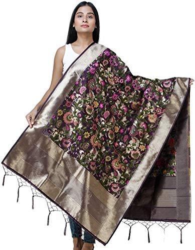 Brocade Dupatta from Gujarat with Woven Floral Motifs All-Over