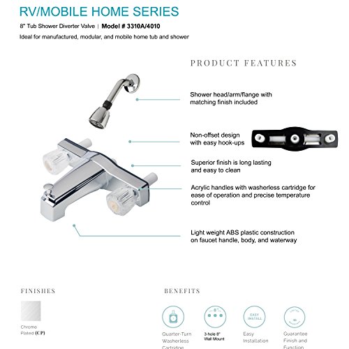 Laguna Brass 3310ACP/4010CP Mobile Home Two Handle Non-Metallic 8" Tub Diverter with Shower Head/Arm/Flange, 8", Chrome Finish - Thumbnail 3
