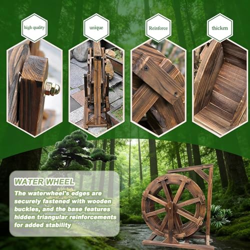 Image of Outdoor Garden Water Wheel Fountain, Self-Rotating Wooden Water Feature, Vintage Rustic Decoration for Patio Pond Pool, Complete Waterfall Fountain(20cm)