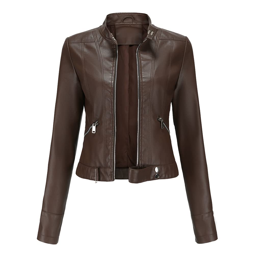YFFUSHI Klassieke PU-lederen motorjas voor dames, korte slim fit, casual jas met ritssluiting