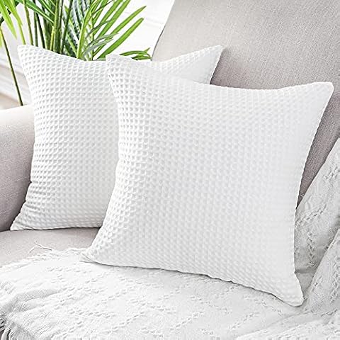 MANDIOO Set of 2 Waffle Textured Decorative Throw Pillow Covers Soft Solid Cotton Cushion Cases Luxury Pillowcases for Couch Sofa Bed 20x20 Inches White Cover
