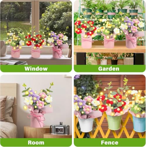 Image of Artificial Crochet Flower Bouquet Handmade Cotton Flowers Bunch for Home Decor, Gift for Girls, Wedding, Festival Decoration, Long Lasting Floral Arrangement (Flower Pot (Yellow))