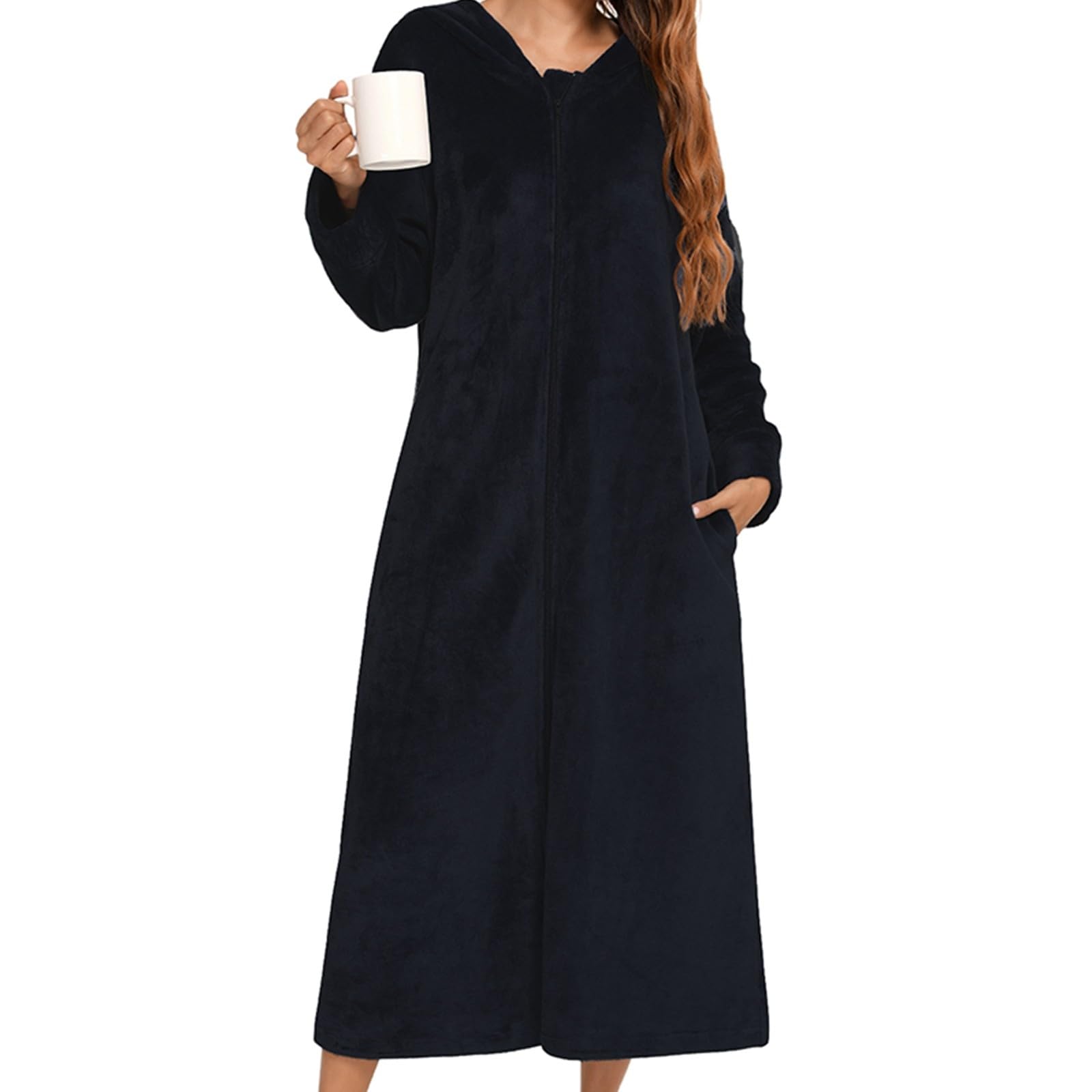 Robe De Chambre Capuche avec Zipper, Peignoir De Bain Femme Polaire Unie, Chemise De Nuit Grande Taille à Manches Longues, Chaud Et Confortable VêTements De Nuit Femme Automne Hiver