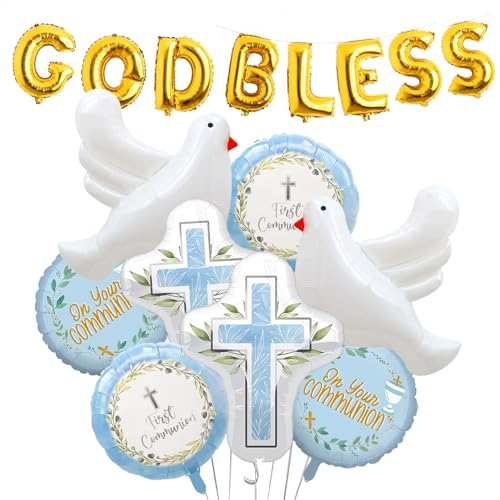 First Communion Decorations Balloons Kit Foil Balloons First Holy Communion Decorations God Bless Christening Baptism Theme Party Supplies for Boys Girls (blue)