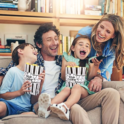 Image of Whaline 100Pcs Movie Night Paper Popcorn Bags 2Oz Black and White Stripe Flat Bottom Popcorn Container Grease Resistant Large Sleeve Popcorns Bucket Disposable for Retro Movie Themed Party Carnival