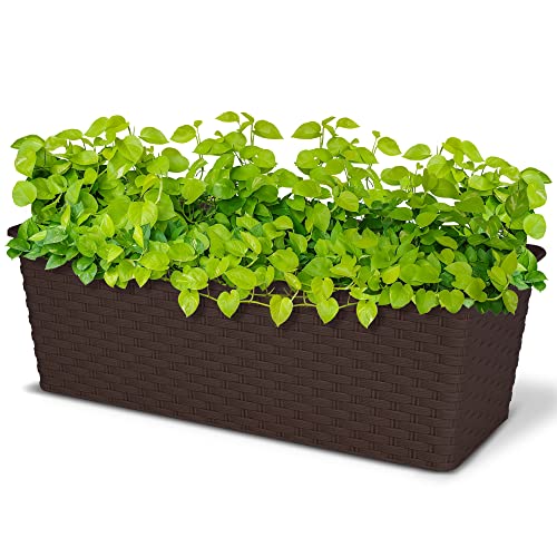 ALBERT AUSTIN Rectangle Rattan Planter 30cm, Plant Pot, Plants Pots Outdoor, Large Plant Pots Outdoor, Garden Planters, Plastic Plant Pot, Garden Pots and Planters Resistant and Elegant (Brown)