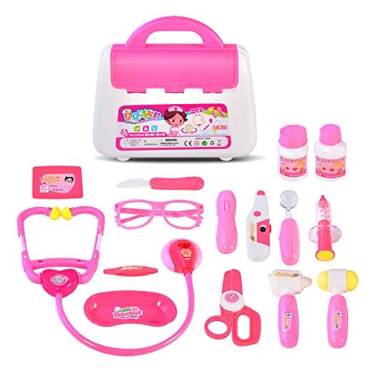 TR Turn Raise Cuadro Médico Conjunto Enfermera Médico Kit Parque Infantil para Niños - Fingir Juego Herramientas Juguete Set 15 Piezas, Rosa