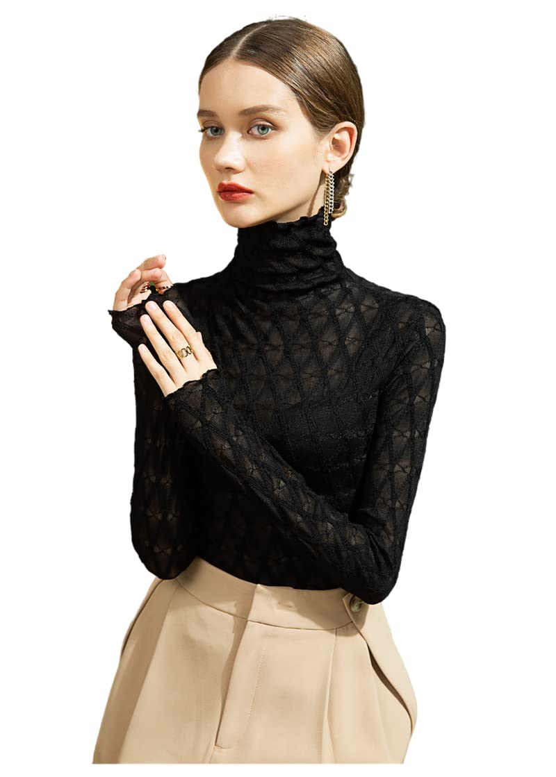 Women's Long Sleeve Bodycon Turtleneck Tees Top Lace Sexy See Through Sheer Mesh Eyelash Trim Shirts Elegant Blouse