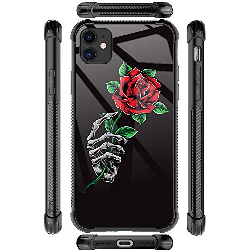 Iphone 11 Case,Skeleton Hand Holding Rose Iphone 11 Cases For Women Girls,Tempered Glass Back Cover Anti Scratch Reinforced Corners Soft Tpu Bumper Shockproof Case For Iphone 11 Skull Red Flower Leaf #TOP6