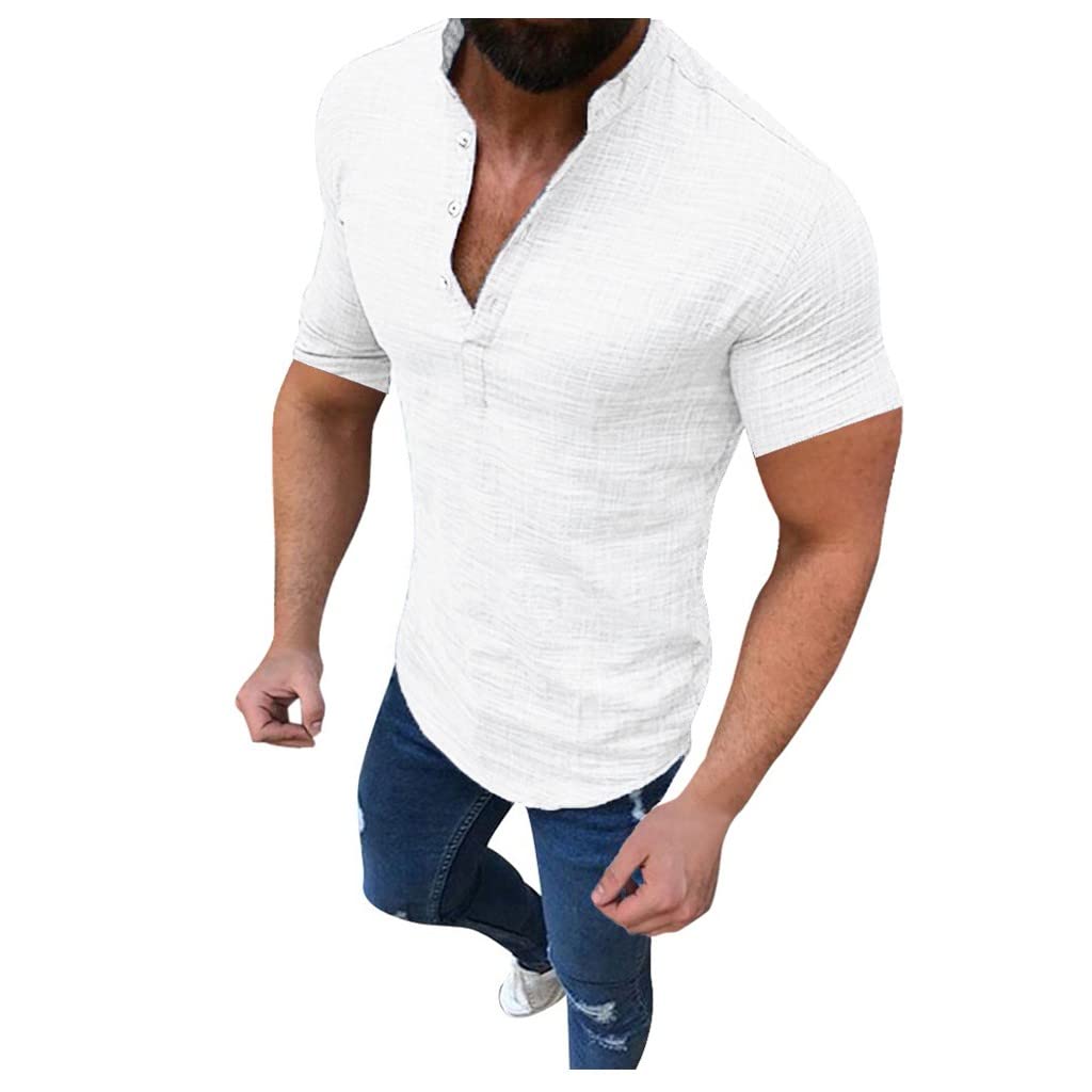 riou Camisa Manga Corta Hombre Verano Ajustado Algodón y Lino Camisa Casual Suave Básica Camiseta Cuello en V Chico Cómodo y Transpirable Verano Camiseta