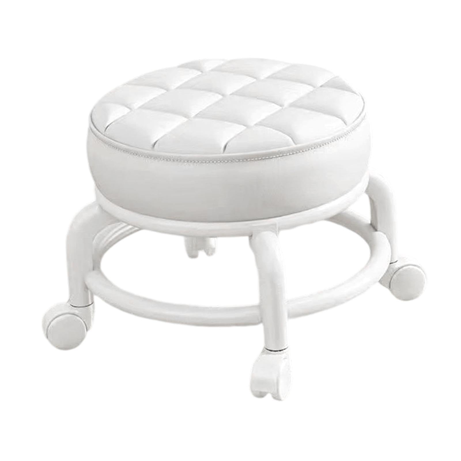 Chaise Pivotante Tabouret à Roulettes, Tabouret à 360° avec Roulettes, Petit Tabouret Bas Cuir Sur Roulettes, Pédicure Bouchettes Pivotantes Universelles pour Salon Massage, Coiffure, Spa, Blanc