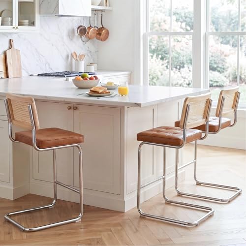 Image of Zesthouse Natural Rattan Counter Stools Set of 3, 26 inch Mid Century Modern Bar Stools with Solid Wood Frame & Chrome Base, Upholstered Faux Leather Counter Height Barstools for Kitchen Island, Brown