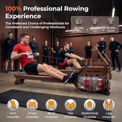 Image of Water Rowing Machine for Home Use, WENOKER Wooden Foldable Rower Machine with Dedicated Monitor & Bluetooth APP, Large Water Tank & Comfortable Seat for Immersive Water Rower, 350LBS Weight Capacity